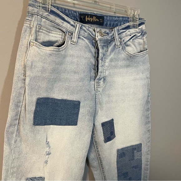 Indigo Rein Y2K Patchwork Jeans Light Wash Cuffed Sz 7 W27 L27 Button Fly Cuffed - Picture 2 of 13